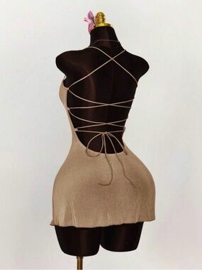 Beige Lace-Up Back Mini Dress - Women's Strappy Bodycon